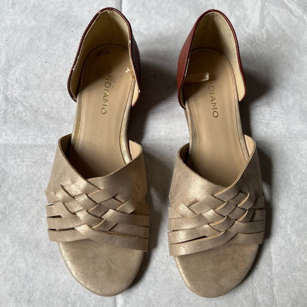 Andiamo Women's Beige Brown Faux Leather Wedge Sandals, Size 6M